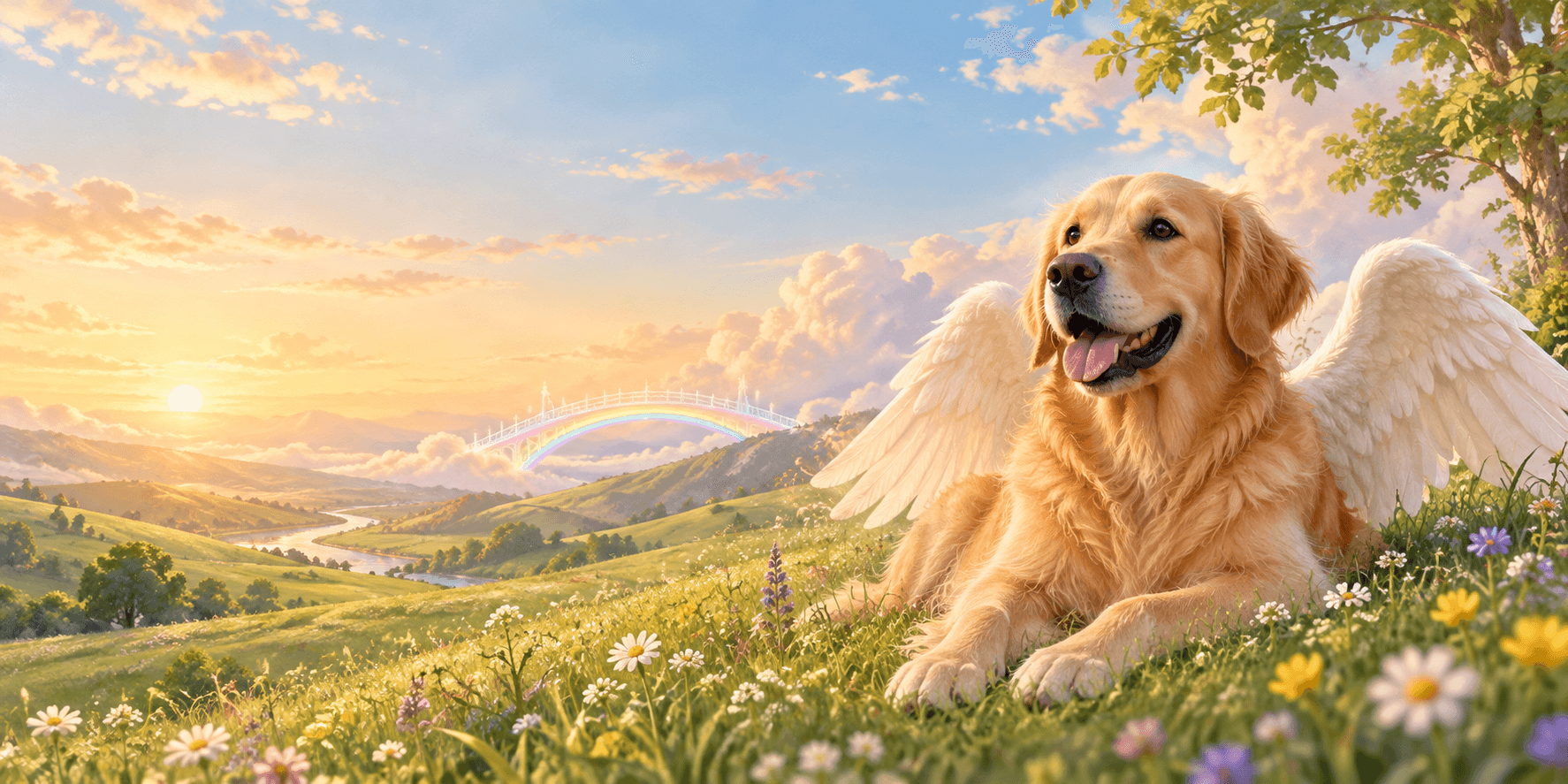 A golden retriever with wings resting in a bright meadow beyond a rainbow bridge